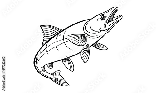 Pike fish Kids vector line art and silhouette t shirt design, elegant detailed illustration, perfect for printable coloring pages, art therapy relaxation and stress relief activities.