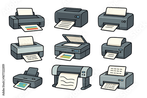 Set of printer vector icons. Office equipment for printing documents. Collection includes plotter, scanner, and inkjet printers. Cartoon style illustration for business and tech.