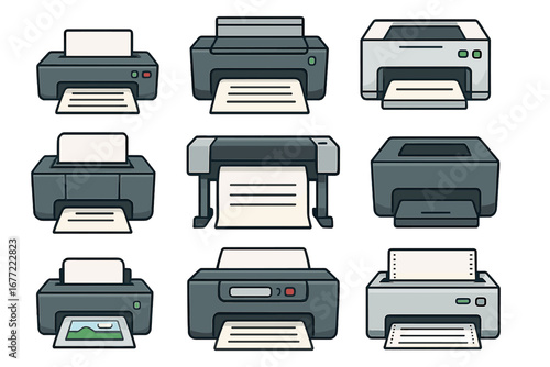 Printer icon set. Collection of various office equipment illustrations. Vector symbols for printing, document, copy, and scan. Laser, inkjet, plotter, and fax machine technology.