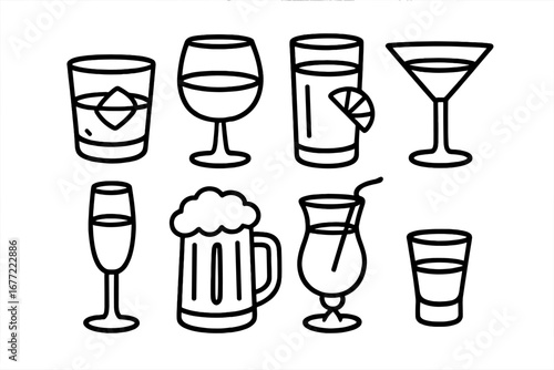 Vector drink and alcohol glass line icon set. Collection of simple outline icons for bar menu. Includes whiskey, wine, beer, cocktail, martini, and champagne glasses.