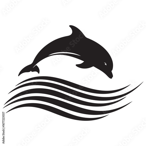 Dynamic Black Silhouette of a Dolphin Leaping Over Stylized Waves