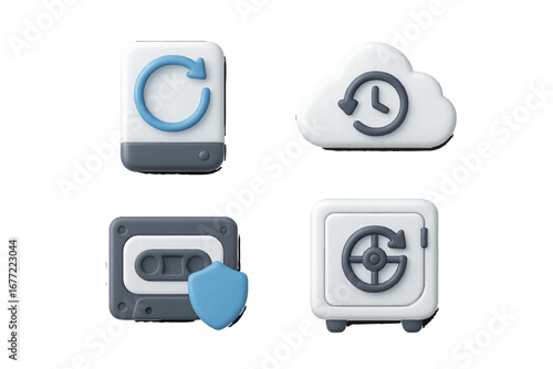 Data backup and security icons: hard drive, cloud, cassette, safe. Modern 3D Icon Set