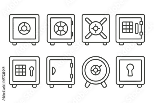 Safe icon set. Collection of bank deposit box and strongbox symbols. Vector line art illustration for security, finance, and protection concepts. Money safety and storage.