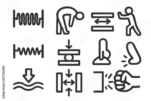 Elasticity and flexibility icons set. Pressure, force, and stress symbols. Resilience, compression, push, impact, resistance, stretching, bending vector cartoon illustration.
