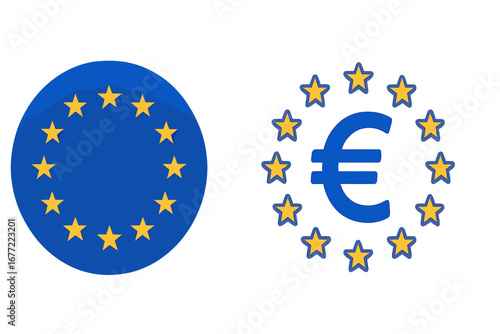 European Union vector icon set. EU flag symbol with yellow stars in a circle and Euro currency sign. European politics, finance, and economy concept illustration.