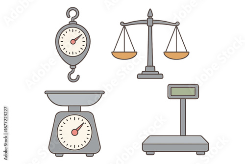 Vector icon set of various scales. Balance, kitchen, digital and hanging scales. For measuring weight, justice, law, choice, and comparison. Flat cartoon illustration.