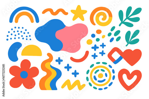 Set of colorful hand drawn abstract shapes. Collection of modern minimalist doodles and trendy cartoon elements. Vector illustration of organic, geometric forms for design.