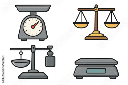 Collection of weight scales icons. Kitchen, digital, and traditional balance scales. Concept of measurement, justice, law, judgment, comparison, choice, diet, and equality.