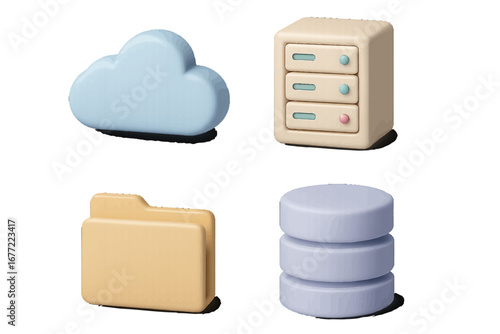 Cloud storage and data management icons: cloud, server, folder, database. Modern 3D Icon Set