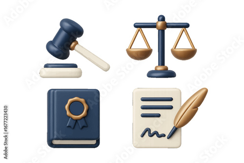 Gavel, scales, book, and contract with quill pen. Modern 3D Icon Set