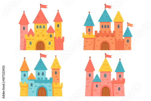 Colorful cartoon castle set for children's fairytale illustrations. Fantasy princess kingdom palace with towers and flags. Medieval vector icon collection for storytelling.