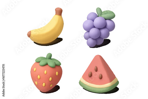 Assorted stylized 3D fruits: banana, grapes, strawberry, watermelon slice. Modern 3D Icon Set