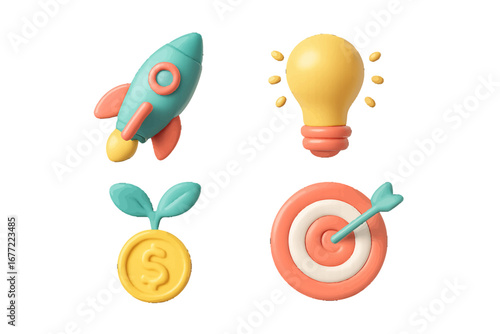 Business growth, idea generation, and goal achievement icons. Modern 3D Icon Set