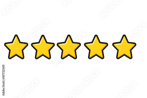 Five stars rating review. Golden star vector icon for ranking. Customer satisfaction, feedback, and quality concept. Excellent service symbol. Isolated cartoon illustration.