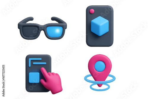 VR Headset, Hand UI Interaction, Location Pin 3D Icons. Modern 3D Icon Set