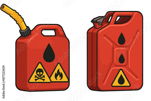 Vector comparison of two fuel cans, a plastic gas container with safety warnings and a metal jerrycan. Concept of gasoline, petrol, diesel storage with toxic and flammable signs.