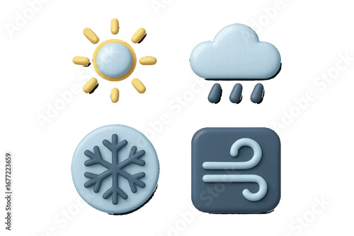 Weather Icons: Sun, Rain, Snow, Wind. Modern 3D Icon Set