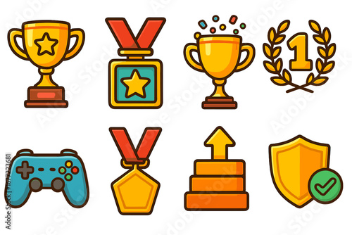 Gaming achievement vector icon set. Game award, trophy, medal, and winner prize. Cartoon illustration for competition success, first place, level up progress, and gamer ui.