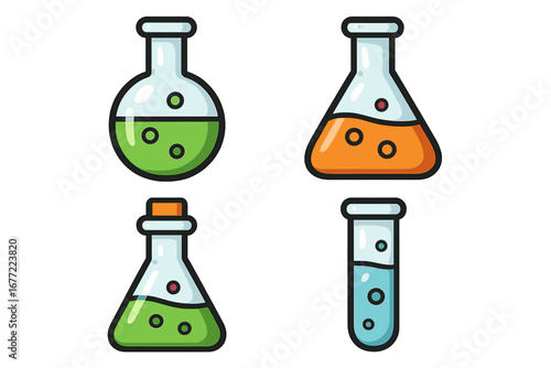 Chemistry flask and test tube icon set. Vector cartoon illustration of laboratory glassware with colorful liquid poison or potion. Science lab equipment for chemical experiment.