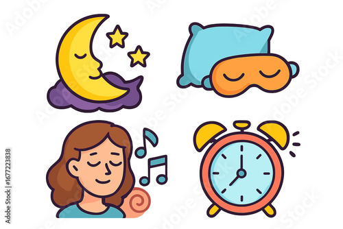 Sleep hygiene icon set for relaxation and time management. Vector cartoon symbols of night, moon, pillow, sleep mask, alarm clock. Bedtime routine and healthy lifestyle concept.