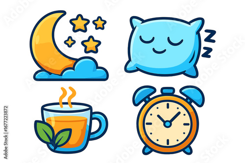 Bedtime routine and healthy sleep icon set. Vector cartoon graphics for relaxation, wellness, and time management. Night moon, pillow, herbal tea, and alarm clock illustrations.