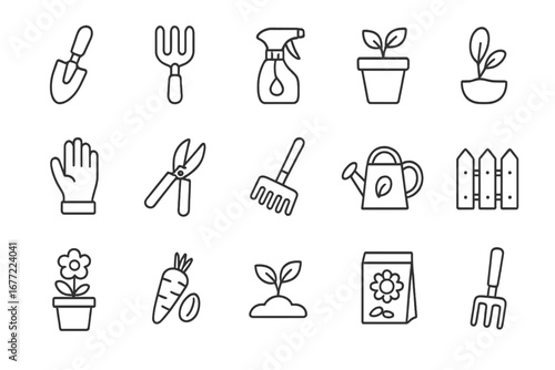 Gardening tools and plants line icon set. Vector outline symbols for horticulture, farming, and planting. Includes shovel, rake, pot, seedling, flower, watering can, seeds.