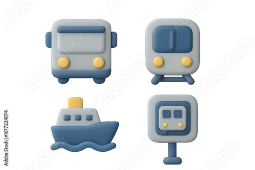 Public Transport Icons: Bus, Train, Ferry, Station. Modern 3D Icon Set