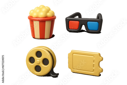 Cinema icons: popcorn, 3D glasses, film reel, movie ticket. Modern 3D Icon Set