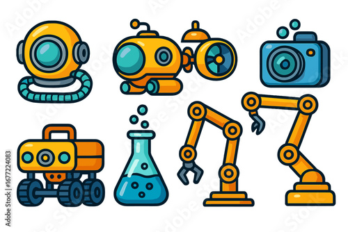 Set of underwater exploration icons. Submarine, robotic arm, diver helmet, rover, camera and flask. Marine science and oceanography research technology. Vector cartoon icons.