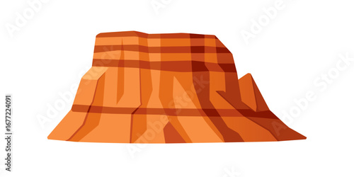 Orange layered mesa formation. Desert plateau with horizontal sedimentary bands. Warm earth colors in geometric flat style. Canyon elements. Vector illustration isolated on white background