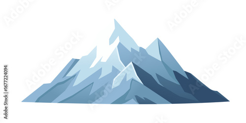Blue mountain range with snow-capped peaks. Alpine landscape in geometric flat style. Cold winter atmosphere with gradient blue tones and shadows. Vector illustration isolated on white background