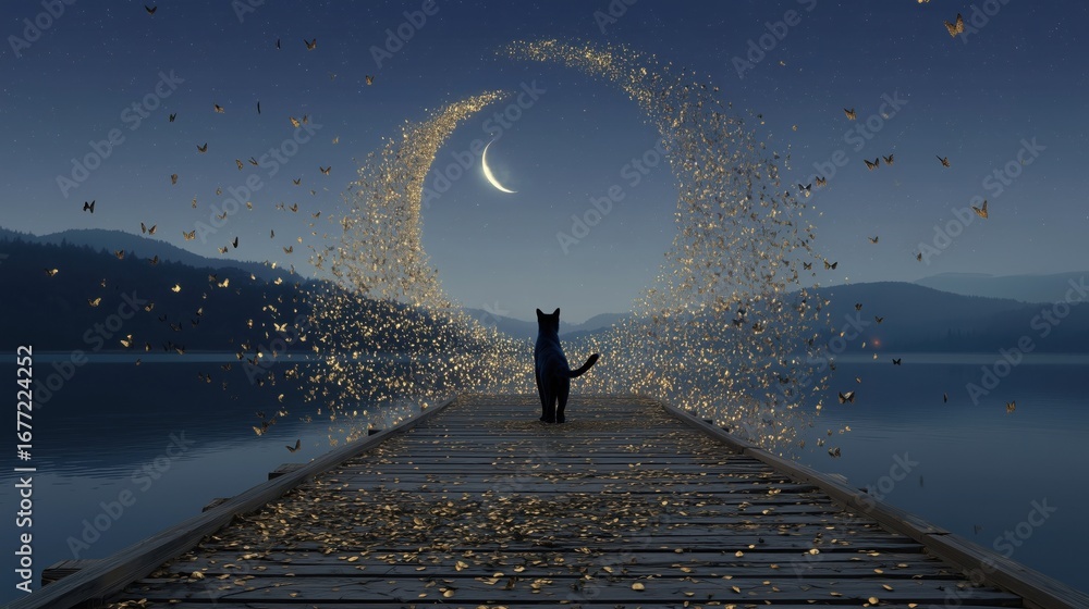 Obraz premium Black Cat Gazing at Crescent Moon Surrounded by Golden Butterflies