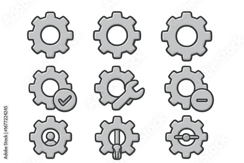 Gear settings icon set. Cogwheel and mechanism symbols for UI design. Vector cartoon illustration of maintenance, repair, and user profile options for web and mobile apps.