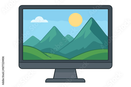 Computer monitor displaying a digital landscape. Vector cartoon illustration of a nature scene with mountains, sun, and hills. Desktop screen wallpaper with a scenic view.