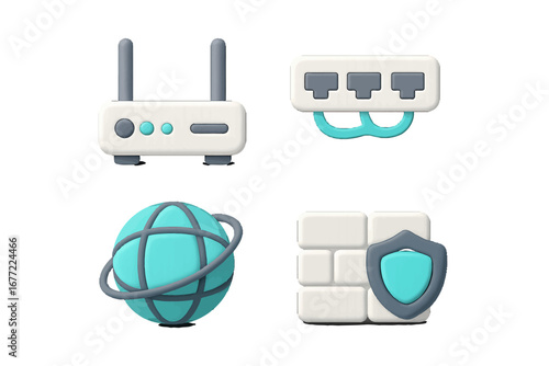 Network security icons: router, firewall, globe, ports. Modern 3D Icon Set