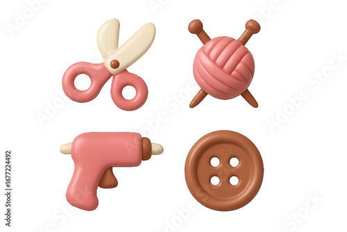 Crafting supplies: scissors, yarn, glue gun, button. Modern 3D Icon Set