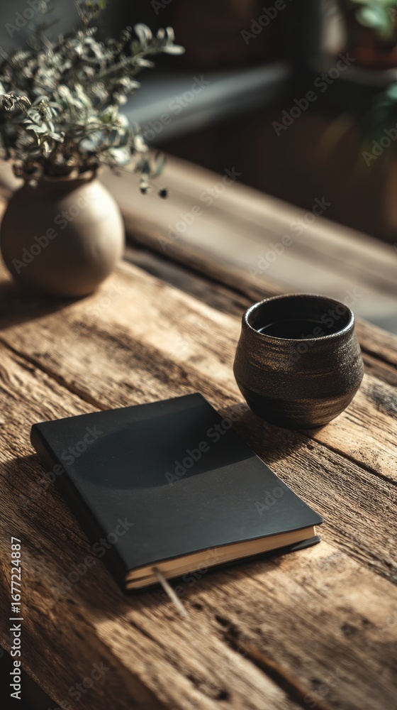 Fototapeta premium Warm Home Interior Scene Featuring Coffee Mug Journal and Natural Decor