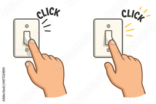 Hand with finger pushing light switch on and off with click sound. Power button concept for electricity, energy saving, or home lighting. Vector cartoon illustration set.