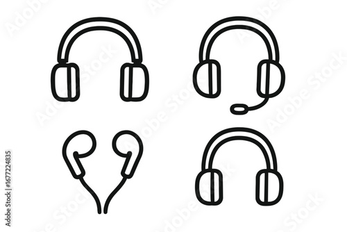 Headphone icon set vector. Earphones, headset with microphone, and earbuds outline symbols. Audio device collection for music, podcast, gaming, and call center concepts.