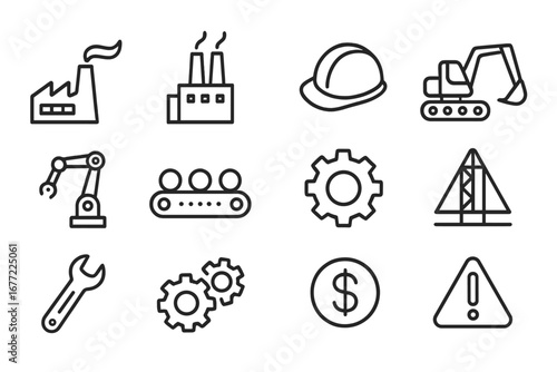 Industry and manufacturing line icon set. Factory, construction, and engineering symbols. Vector collection for automation, production, power, energy, safety, and robotics.