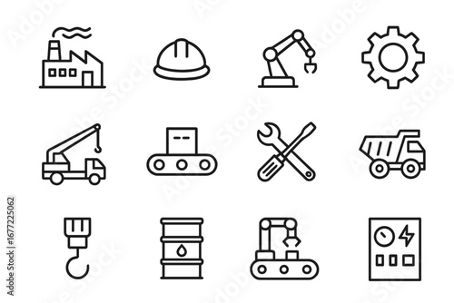 Industry and manufacturing line icon set. Factory, construction, and engineering symbols. Vector collection of industrial process, automation, machinery, and equipment icons.