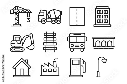 Infrastructure line icon set. Construction, transport, and urban development symbols. Vector icons of crane, excavator, truck, factory, building, bus, bridge, road, home.