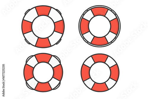 Lifebuoy icon set, life preserver symbol collection. Water safety, emergency sea rescue, marine help concept. Vector cartoon of a nautical flotation ring on isolated background.