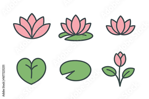 Lotus flower icon set for yoga and spa. Vector collection of pink water lily symbols, leaves, and buds. Line art for wellness, beauty, meditation, and zen logo design.