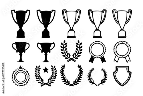 Award Icons Trophy, Medal, Laurel Wreath & Shield Silhouettes