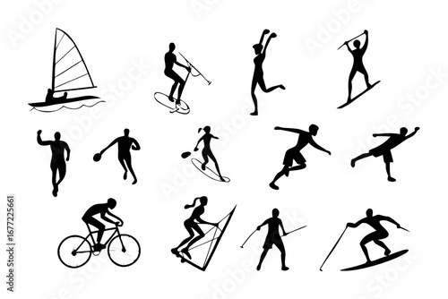 Collection of athletic figures engaged in various watersports and outdoor activities, depicted in silhouette