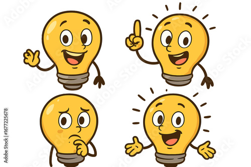 Cartoon light bulb mascot character set. Collection of cute lamp emojis with various emotions. Concept for idea, creativity, innovation, solution, energy, thinking, eureka.