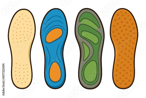 Set of orthopedic shoe insoles for comfort and arch support. Foot care and treatment for flat feet. Vector illustration collection of different orthotic inserts for footwear.