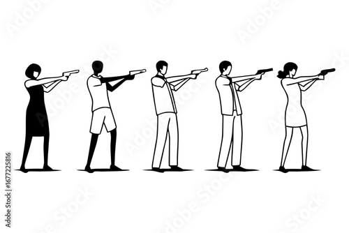 Stylized monochrome graphics featuring diverse individuals with handguns, emphasizing responsible firearm handling, tactical training, and personal safety preparedness