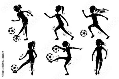 Wallpaper Mural Diverse collection of silhouette illustrations capturing athletic girls in dynamic action poses playing soccer with a soccer ball, perfect for sports and activity themes Torontodigital.ca